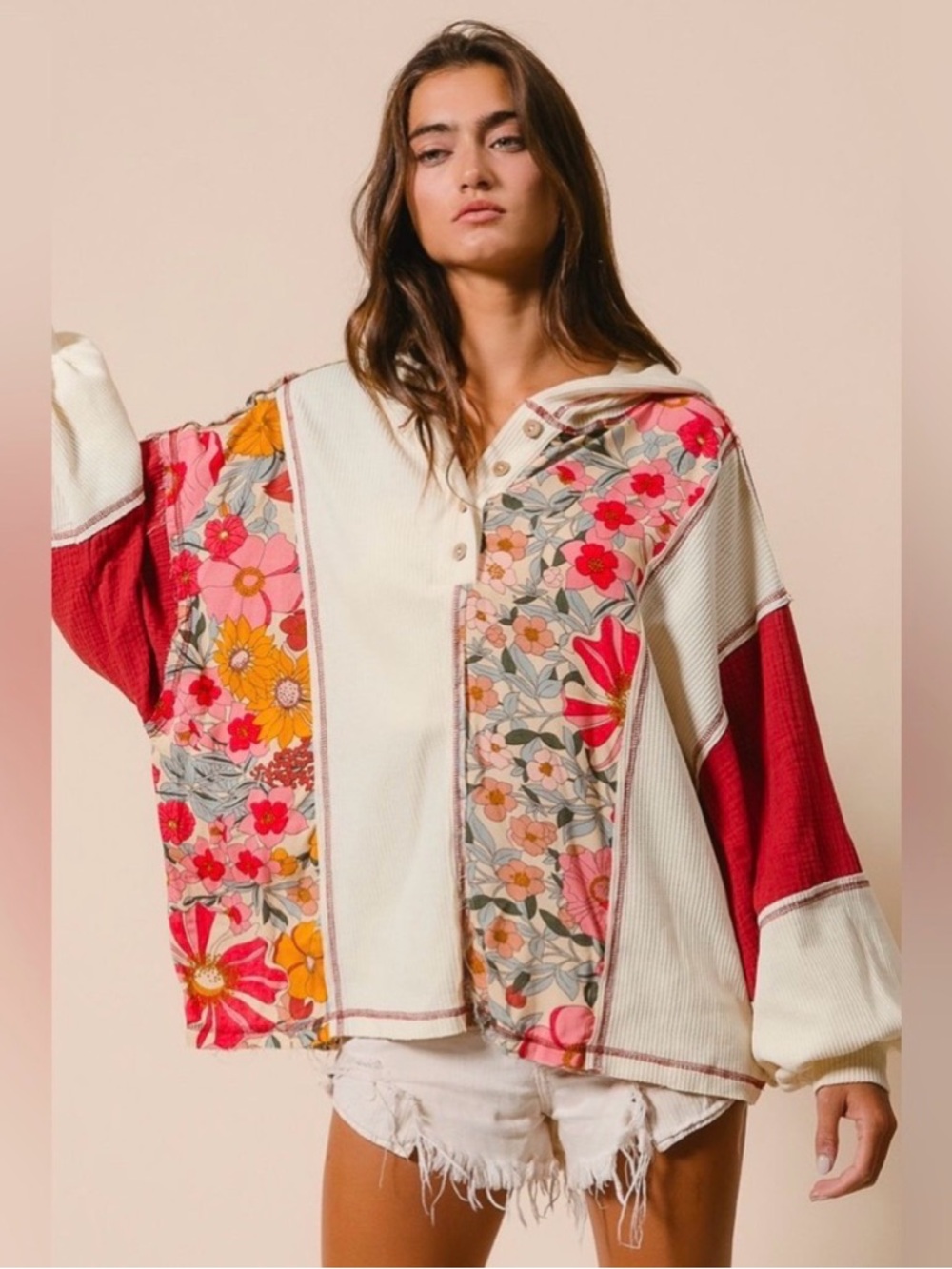 BiBi Floral Patchwork Button-Up Hoodie in Cream & Red
